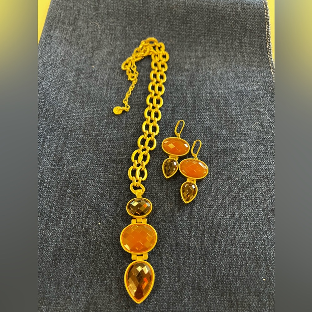 Vintage Anne Klein gold tone necklace and earrings with amber colored stones